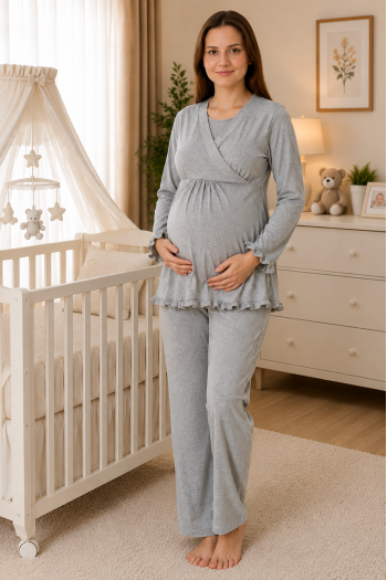 Effortt 4042 Gri Gizli Emzirme Özellikli Lohusa Pijama Takımı
